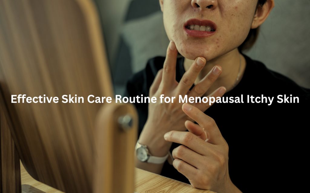 A person is shown closely examining their skin, suggesting they are concerned about itchiness or discomfort related to the menopausal transition and exploring appropriate skincare routines.