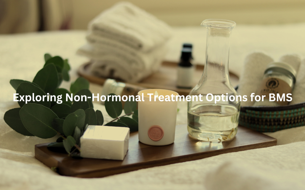 An assortment of holistic and homeopathic remedies, along with other wellness-related items, are shown, hinting at the pursuit of non-pharmaceutical approaches to address BMS.
